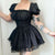 Gothic Black Dress with Puff Sleeves and Lace Trim | Create your own unique look from NSE Imports #18.