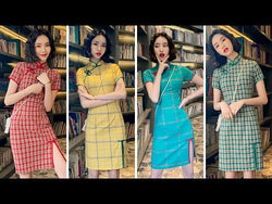Slim Fit Chinese Vintage Style Short Sleeve Plaid Pattern Dress Womens Cotton Mini Dress Qipao Collar Sexy High Split Cheongsam from NSE Imports #32.