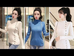 Asymmetric Ribbed Turtleneck Women's Sweater: Slim Look with Large Faux Buttons from NSE Imports #42.