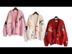 Random Patchwork Women's Cardigan Warm Knitted Sweater Jacket Pockets Embroidery Kawaii Geek Chic Girls Cardigan from NSE Imports #30.