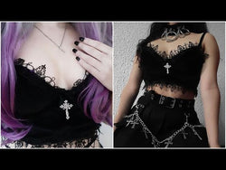 Gothic Velvet Camisole - with Lace, Ribbon and Crucifix Details Vintage - Ideal for Gothic Style Rock Punk Emo styling from NSE Imports #27.