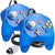 Two translucent blue classic video game controllers for the Nintendo 64/N64 with black cables and white 3.5mm connectors, shown on a white background.
