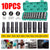 A 10-piece socket wrench set with black sockets and a teal plastic case, shown on a white background with product icons, size labels from 10mm to 24mm, and small usage photos at the bottom.