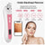 A white and pink handheld skincare device labelled 'Visible Blackhead Remover' on a light gray background, with feature callouts, a smartphone screen showing skin texture, and a woman's face. The device has a clear nozzle at the top and a pink accent panel on the front.