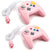Two pink retro-style game controllers for the Nintendo 64/N64 with white cables and pink connectors, shown on a plain white background.