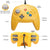 A yellow classic Nintendo 64-style game controller shown from the front and back with callout labels pointing to buttons and controls, on a white background.