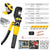 YQK-70 hydraulic line crimping tool in yellow and black, shown alongside technical specifications, included accessories, and usage-related diagrams on a white background.