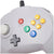 Close-up of a classic retro game controller for the Nintendo 64/N64 with a light gray body, yellow directional pad buttons, a green B button, a blue A button, a red START button, and a white thumbstick on a white background.