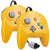 Two bright yellow retro video game controllers for the Nintendo 64/N64 with gray analog sticks and colorful action buttons, shown on a clean white background.