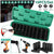 A 10-piece socket wrench set in a green plastic case, shown with various drill and impact driver attachments. The image includes size indicators from 10mm to 24mm, feature icons for impact resistance, corrosion resistance, and rust resistance, and demonstration photos of the sockets in use with power tools.