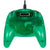 A translucent green game controller for the Nintendo 64/N64 with a black wired connection at the top, photographed against a solid white background.