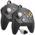 Two black wired video game controllers for the Nintendo 64/N64 with white analog sticks and colorful action buttons, shown on a plain white background.