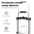 Silver metal folding hand truck with black handlebar and black adjustment bracket, shown on a white background with marketing text and feature icons about expansion, dual speed adjustment, low shaking degree, and multiple tests.
