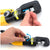 A yellow and black hydraulic crimping tool tool shown in two close-up views with a hand operating it. The top view shows the being inserted, and the bottom view shows a hand turning a black adjustment knob.