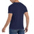 Person wearing a navy blue t-shirt on a white background