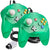 Two translucent green classic video game controllers for the Nintendo 64/N64 with black wired connections and white, red, yellow, green, and blue buttons, shown on a plain white background.