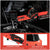 A cordless electric ratcheting wrench with an angled bit attachment, shown in use with a gloved hand on a car wheel. The product has a bright red and black ergonomic handle.