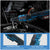 A cordless rotary ratchet wrench with an integrated light and ergonomic handle, shown being used on a car engine by a person wearing black gloves. The image includes two feature callout panels at the bottom highlighting the ergonomic handle and built-in light.
