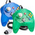 Two translucent retro game controllers for the Nintendo 64/N64, one blue and one green, with black wired joysticks, dual analog sticks, and colored buttons, shown on a white background.
