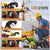A multi-step instructional graphic showing how to use a yellow and black hydraulic line tool on utility poles and solar panels, with numbered panels and a photo of a worker using the tool outdoors.