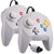 Two classic game controllers for the Nintendo 64/N64 with light grey bodies, white analogue sticks, and multicoloured buttons, shown on a clean white background.