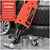 An orange and black 10V0L 6-point deep impact socket wrench with a socket and various metal socket adapters, displayed alongside a loose hex bolt on a gray surface with tires and a car wheel in the background. A red text box on the left reads 'TURNING POWER' with descriptive copy.