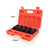 A 5-piece impact drive socket set in an open bright orange plastic case, with five loose black sockets displayed in front. The image includes the case dimensions.