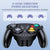 Black gaming controller with colorful buttons on a light blue background, featuring text about vibration levels.