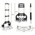 Silver and black folding hand truck shown with multiple views and dimension labels on a white background.