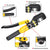 Yellow and black hydraulic crimping tool with feature callout insets on a white background, including non-slip handle, thickened clamp head for heat refining, smooth plunger, and double leak-proof structure.