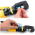 A yellow and black hydraulic line crimper with a black handle and adjustable jaw, shown in two close-up instructional views with a hand turning a screw and blue arrows indicating adjustment. The product is photographed on a white background.