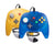 Two retro-style wired game controllers for the Nintendo 64/N64 on a white background: one translucent yellow controller and one translucent blue controller, each with grey joysticks and black cables.