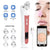White and pink handheld WiFi blackhead removal treatment device shown with six clear interchangeable tips, a USB charging cable, a smartphone displaying a treatment image, and feature icons including WiFi connection, visual cleaning, larger tip size, and skin-friendly design. A close-up of part of a woman's face appears on the right, indicating use on the skin.