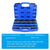 A blue plastic case open to show a set of black metal crowfoot wrenches arranged in molded slots, with a blue text panel below listing specifications and sizes.