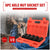 A 5-piece axle nut socket set shown with a bright orange plastic case containing five black sockets, over a blurred background of a mechanic using an impact wrench on a tire. Text at the top reads '5PC AXLE NUT SOCKET SET' and includes component sizes 30, 32, 34, 35, and 36mm.