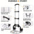 An infographic showing a silver and black folding hand truck with callout labels highlighting its durable features, including a thickened stainless steel draw bar, reinforced joint, telescoping plate, elastic cord, and PVC wheels, under the heading 'DURABLE & STURDY'.