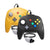 Two retro-style wired game controllers for the Nintendo 64/N64 on a white background: one yellow and one black, both with gray joysticks and multicolored buttons, with gray connector plugs and cables visible.