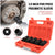 A 1/2 inch five-piece pneumatic socket set shown with an open bright orange plastic case containing five black sockets. The image includes a wheel hub close-up demonstrating use, two circular inset callouts of the socket features, and text reading '1/2 INCH FIVE PIECE PNEUMATIC SLEEVE' and 'Included Components: 30 32 34 35 36mm'.