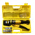 A hydraulic crimping tool set displayed inside its open bright yellow plastic carrying case, with a black and yellow crimping gun, metal connector pieces, and small O-rings visible.