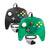 Two classic-style wired game controllers for the Nintendo 64/N64 on a white background: one translucent green controller in front and one matte black controller behind it, both with grey cables and grey D-pad, plus coloured action buttons.