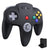 Black wireless gaming controller compatible with the Nintendo 64 (N64) with colourful buttons on a white background