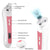 Pink and white handheld WiFi blackhead removal and cleansing device shown with callout labels explaining its features, including a 5.0 megapixel lens, 8 LED lights, photo/video key, suction switch key, charging indicator, three suction levels, WiFi indicator, USB interface, and tip.