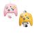 Two retro-style wired game controllers for the Nintendo 64/N64 on a white background: one pink controller with a matching pink earbud shown separately, and one yellow controller with a black cable and gray connector.