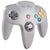 Grey wireless gaming controller compatible with the Nintendo 64 (N64) with colourful buttons on a white background