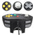 A black wired game controller for the Nintendo 64/N64 shown on a white background, with three circular close-ups above it highlighting the yellow action buttons, white thumbstick, and gray D-pad.