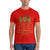 Red t-shirt with gold graphic and text worn by a person on a white background