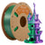 Spool of green 3D printing filament and a colorful 3D printed castle model on a white background