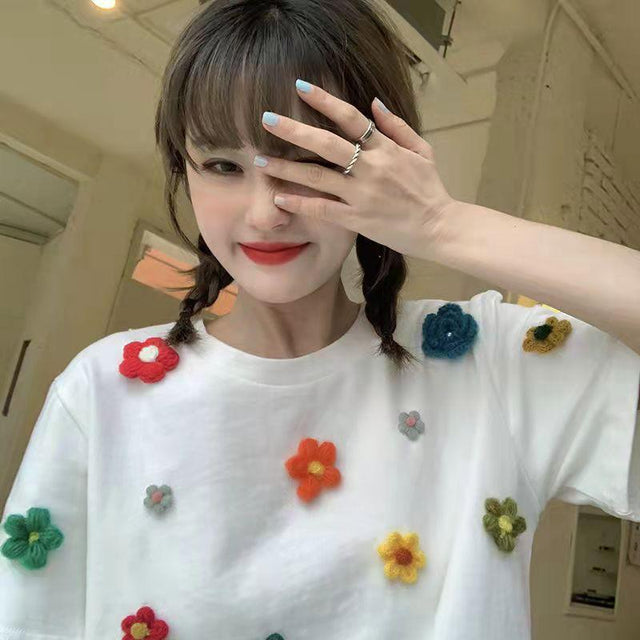 Cute Crochet 3D Fluffy Flower Women's Tee: Something different for your summer wardrobe from NSE Imports #27.