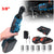 A cordless 3/8-inch ratchet wrench shown in a hand, with a blurred inset of it being used on a car. The image includes a power adapter, a black carrying case, two 21V Li-ion battery packs with orange accents, and six socket bits (9mm, 11mm, 12mm, 14mm, 15mm, 17mm).