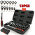 13-piece socket wrench set in a black plastic case with red accents, shown open on a white background with size labels and a small accessory.